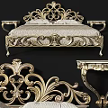 Ornate Golden Carved Double Bed With Intricate Headboard And Matching Nightstands