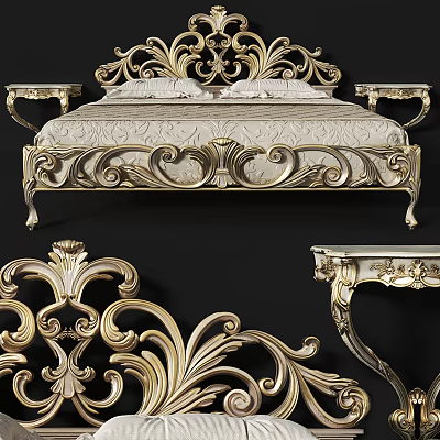 Ornate Golden Carved Double Bed With Intricate Headboard And Matching Nightstands 3d model