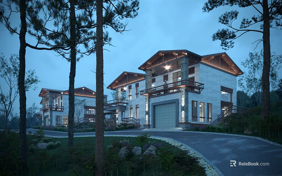 Evening View Modern Detached Villa Exterior With Landscaped Garden Driveway Garage And Lighting 3d model 