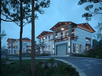 Evening View Modern Detached Villa Exterior With Landscaped Garden Driveway Garage And Lighting 3d model