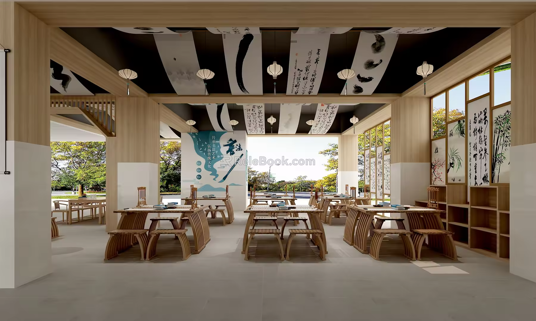 New Chinese Book Bar Overhead Layer Calligraphy Experience Area 3d model