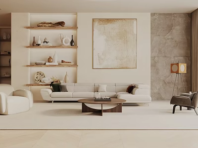 Modern Living Room Interior Design With Light Sofa Coffee Table Wall Art And Decorative Shelves 3d model