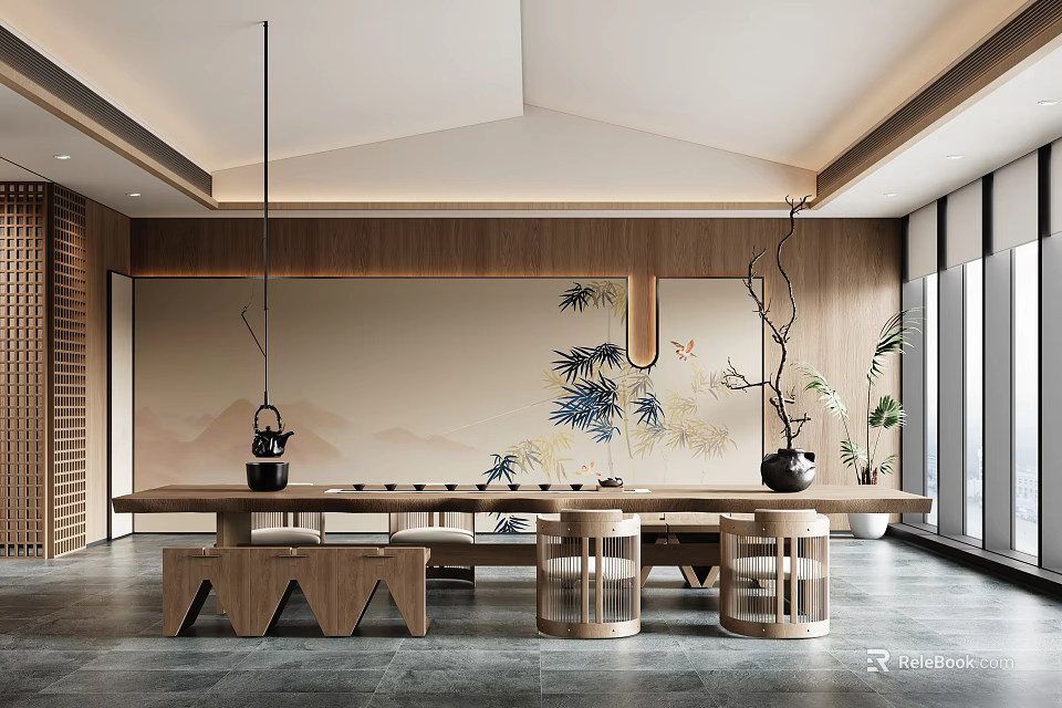 Modern Tea Room Interior With Long Table Stools And Bamboo Wall Art 3d model 