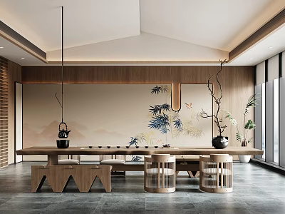 Modern Tea Room Interior With Long Table Stools And Bamboo Wall Art 3d model