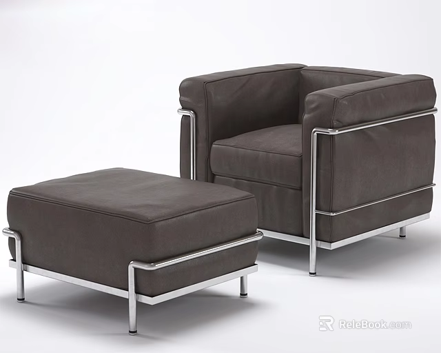 Modern Dark Gray Single Sofa with Metal Frame and Matching Ottoman 3d model 