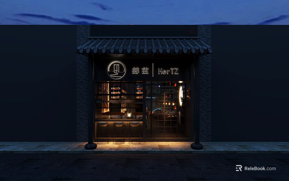 HanTang Traditional Chinese Restaurant Exterior With Awning Brick Walls Glass Windows And Lighting 3d model 