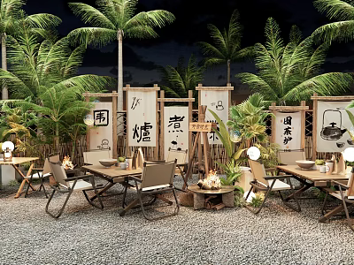Commercial Outdoor Dining Space With Palm Trees Bamboo Screens And Tables At Night 3d model