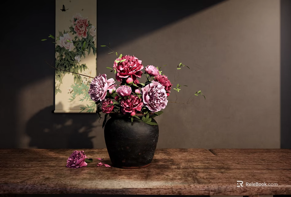 Black Ceramic Vase With Pink Purple Peonies On Wooden Table And Background Peony Butterfly Painting 3d model 