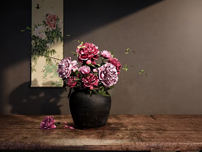 Black Ceramic Vase With Pink Purple Peonies On Wooden Table And Background Peony Butterfly Painting 3d model