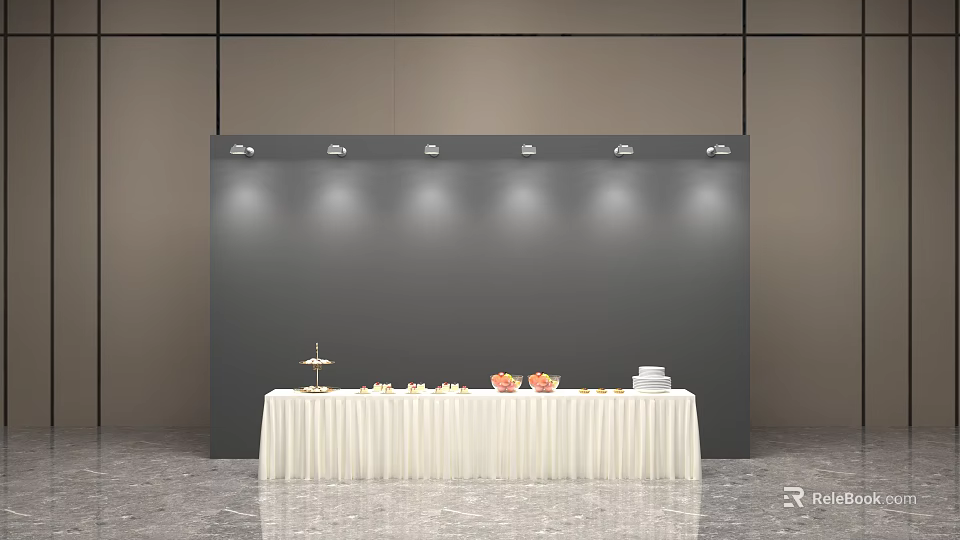 Conference Room With Gray Backdrop White Tablecloth Table And Food Display Under Spotlights 3d model 