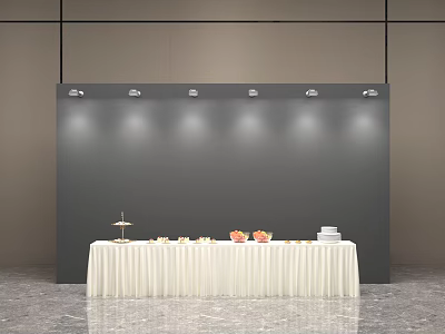 Conference Room With Gray Backdrop White Tablecloth Table And Food Display Under Spotlights 3d model