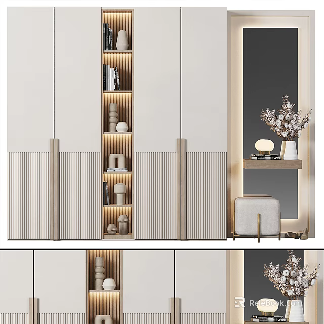 Elegant Modern Wardrobe Design With Striped Panels Storage Shelves Side Table And Mirror 3d model 
