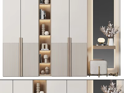 Elegant Modern Wardrobe Design With Striped Panels Storage Shelves Side Table And Mirror 3d model