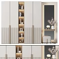 Elegant Modern Wardrobe Design With Striped Panels Storage Shelves Side Table And Mirror