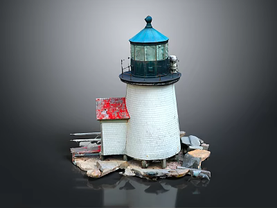 White Tower Lighthouse With Blue Top And Red Roof House On Rock Base 3d model