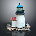 White Tower Lighthouse With Blue Top And Red Roof House On Rock Base