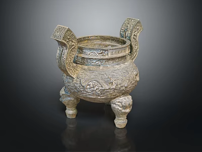 Ancient Bronze Tripod Cauldron With Intricate Carvings Decorative Handles And Three Legs 3d model