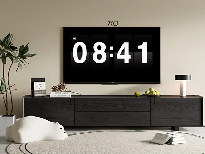 Modern Dark Wooden TV Cabinet with Decorative Plants Books Fruits Lamp and Sculpture 3d model