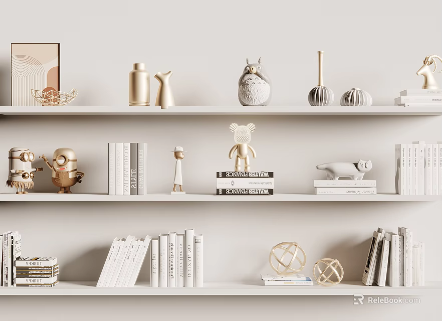 Stylish Decorative Ornament Set on White Shelves with Gold Accents Sculptures Books and Geometric Shapes 3d model 