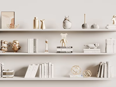 Stylish Decorative Ornament Set on White Shelves with Gold Accents Sculptures Books and Geometric Shapes 3d model