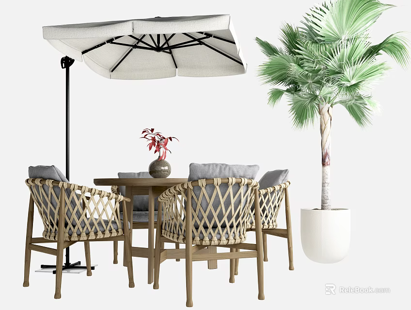 Outdoor Table with Wicker Chairs Flower Vase Umbrella and Palm Tree in Garden Setting 3d model 