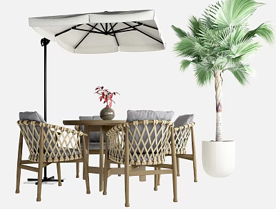 Outdoor Table with Wicker Chairs Flower Vase Umbrella and Palm Tree in Garden Setting 3d model