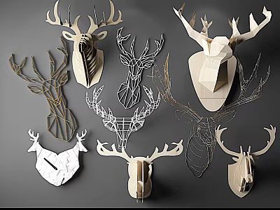Geometric Wooden Deer Head Wall Decor with Various Minimalist Designs and Crafted Details 3d model