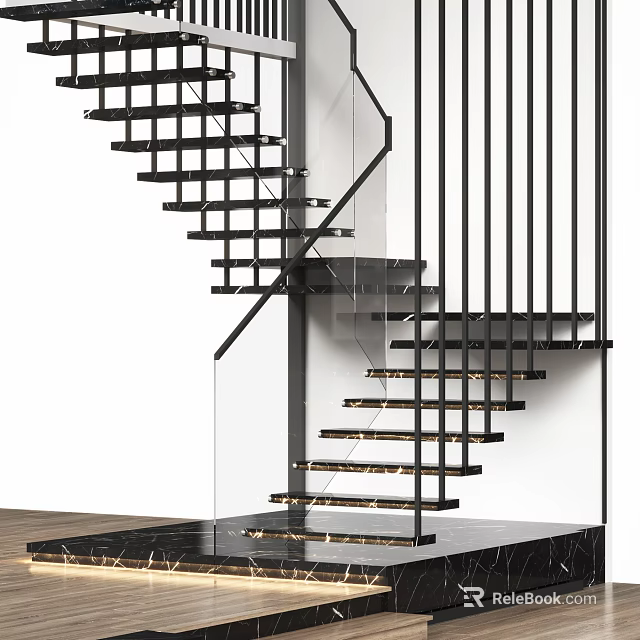 Modern Black Staircase With Glass Railing Lit Steps And Sleek Design 3d model 
