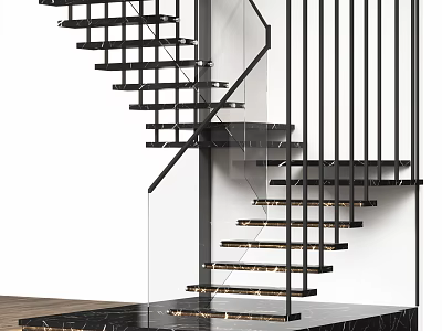 Modern Black Staircase With Glass Railing Lit Steps And Sleek Design 3d model
