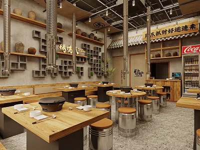 Hot Pot Restaurant Interior Design With Wooden Tables Metal Stools Open Layout And Ceiling Lights 3d model