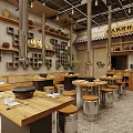 Hot Pot Restaurant Interior Design With Wooden Tables Metal Stools Open Layout And Ceiling Lights