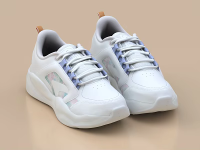 White Casual Sneakers With Blue Laces And Geometric Patterns On Thick Sole 3d model