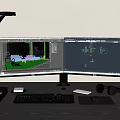 Modern Dual Monitor Workstation With 3D Design Software And Office Accessories