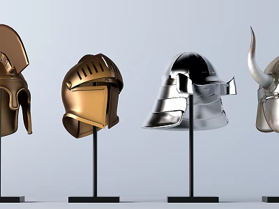 Artistic Carved Helmet Sculptures in Gold Silver Metallic on Display Stands 3d model