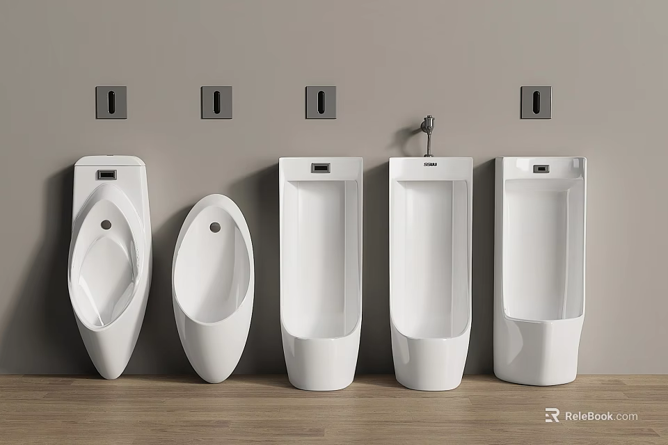 Five White Urinals Arranged Against Gray Wall With Wooden Floor And Square Mounts 3d model 