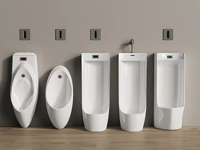 Five White Urinals Arranged Against Gray Wall With Wooden Floor And Square Mounts 3d model