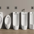 Five White Urinals Arranged Against Gray Wall With Wooden Floor And Square Mounts