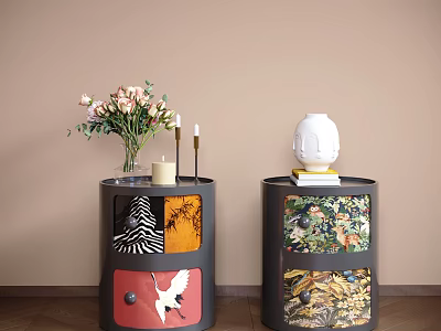 Stylish Two Nightstands with Pink Flower Vase White Candle Books Colorful Panels Crane Floral Motifs 3d model