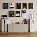 Modern Kitchen Household Appliances with Wall Mounted Coffee Machines Standing Water Dispensers and Refrigerators