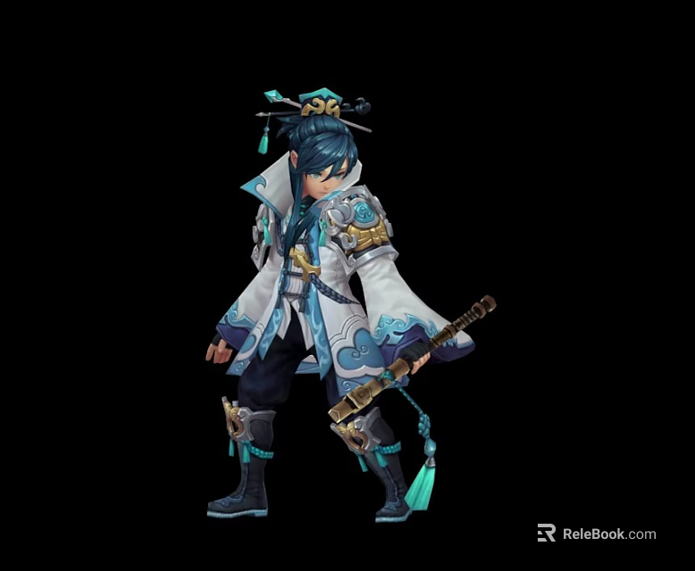 Game And Movie Character With Blue Black Hair Decorative Headpiece White Blue Robe Wielding Sword 3d model 