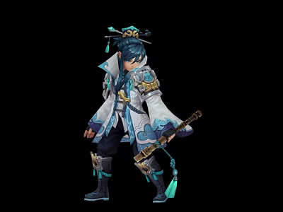 Game And Movie Character With Blue Black Hair Decorative Headpiece White Blue Robe Wielding Sword 3d model