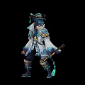 Game And Movie Character With Blue Black Hair Decorative Headpiece White Blue Robe Wielding Sword