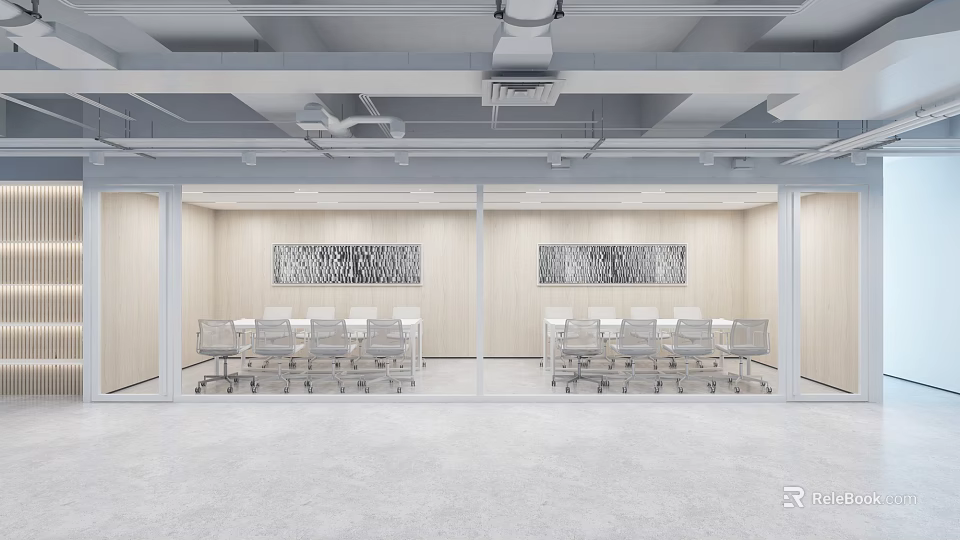 Modern Conference Room Interior With Long Meeting Tables Ergonomic Chairs Wall Art And Ceiling Lighting 3d model 