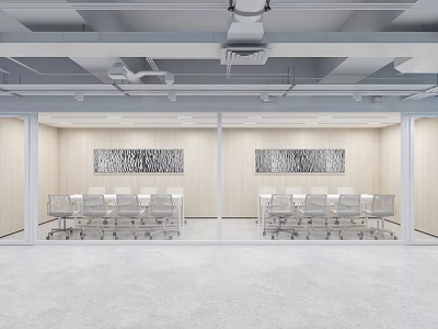Modern Conference Room Interior With Long Meeting Tables Ergonomic Chairs Wall Art And Ceiling Lighting 3d model