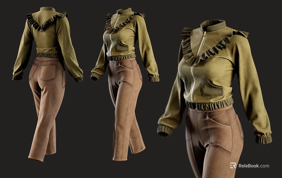 Stylish Green Ruffled Jacket With Brown Flared Pants Fashion Three Quarter Views Outfit 3d model 