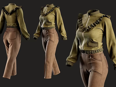 Stylish Green Ruffled Jacket With Brown Flared Pants Fashion Three Quarter Views Outfit 3d model