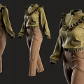 Stylish Green Ruffled Jacket With Brown Flared Pants Fashion Three Quarter Views Outfit