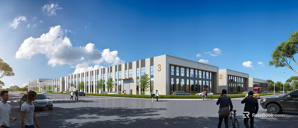 Modern Industrial Factory Exterior With Numbered Units 3 2 Large Windows Trees Parking And People 3d model 
