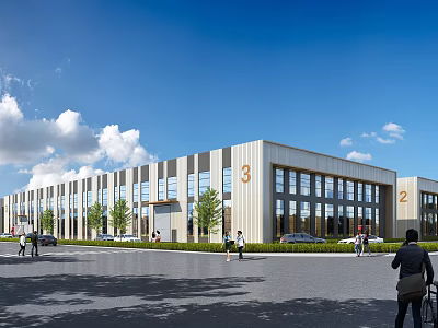 Modern Industrial Factory Exterior With Numbered Units 3 2 Large Windows Trees Parking And People 3d model