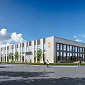 Modern Industrial Factory Exterior With Numbered Units 3 2 Large Windows Trees Parking And People